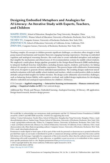 First page of Designing Embodied Metaphors and Analogies for AI Literacy: An Iterative Study with Experts, Teachers, and Children
