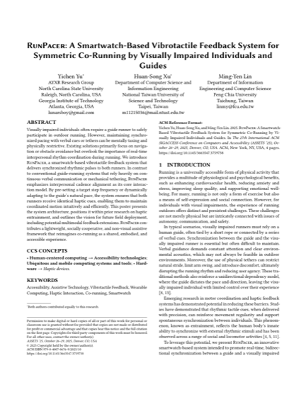 First page of RunPacer: A Smartwatch-Based Vibrotactile Feedback System for Symmetric Co-Running by Visually Impaired Individuals and Guides