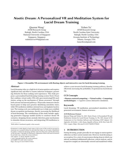 First page of Noetic Dream: A Personalized VR and Meditation System for Lucid Dream Training