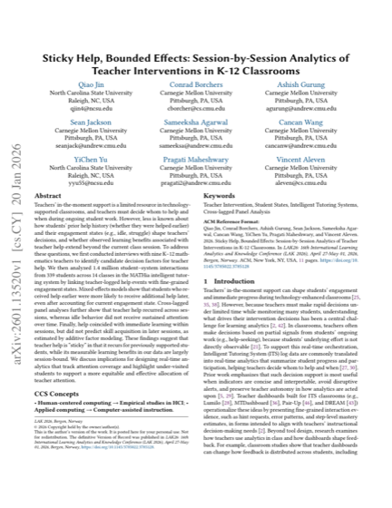First page of Sticky Help, Bounded Effects: Session-by-Session Analytics of Teacher Interventions in K-12 Classrooms